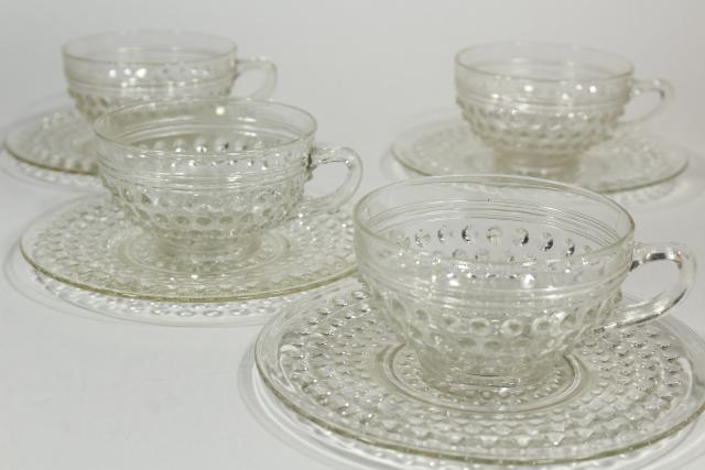 photo of vintage hobnail pattern crystal clear glass cups & saucers set, Anchor Hocking depression glass #2