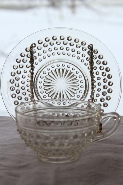 photo of vintage hobnail pattern crystal clear glass cups & saucers set, Anchor Hocking depression glass #3