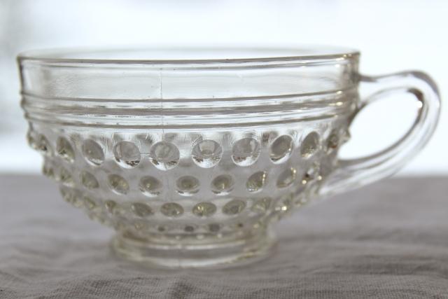 photo of vintage hobnail pattern crystal clear glass cups & saucers set, Anchor Hocking depression glass #5