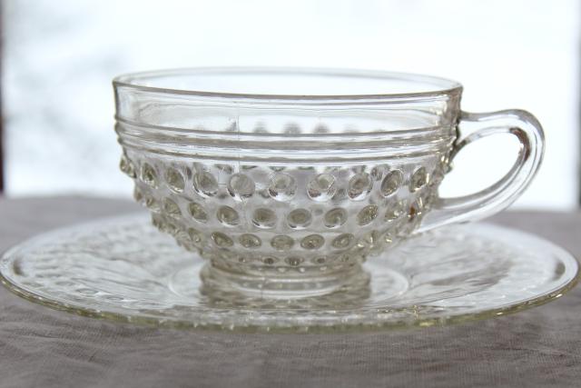 photo of vintage hobnail pattern crystal clear glass cups & saucers set, Anchor Hocking depression glass #6