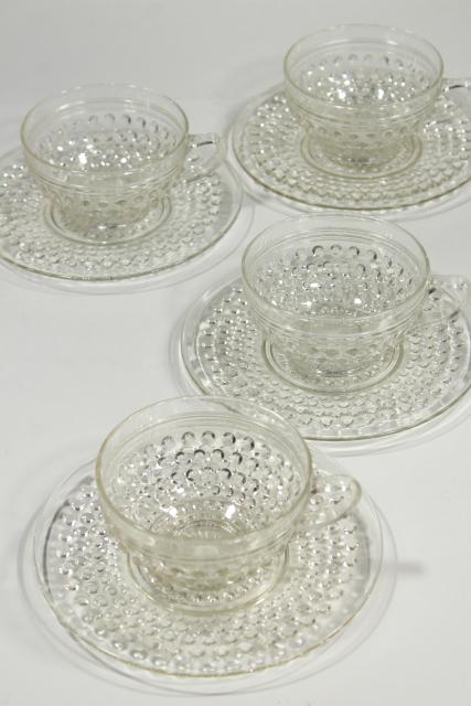 vintage hobnail pattern crystal clear glass cups & saucers set, Anchor ...