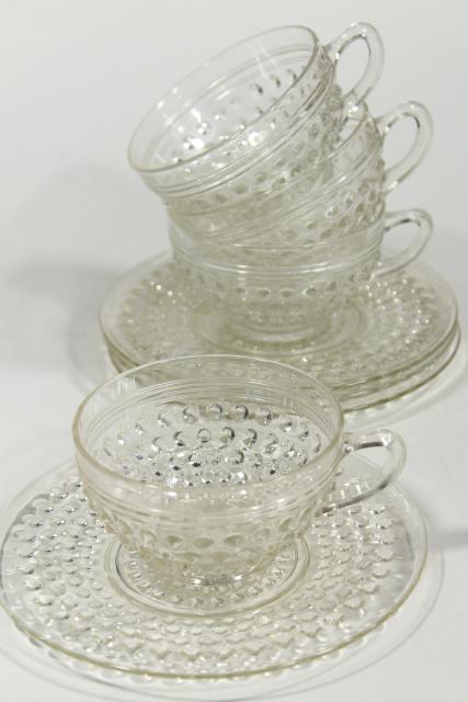photo of vintage hobnail pattern crystal clear glass cups & saucers set, Anchor Hocking depression glass #8