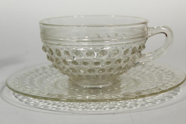 vintage hobnail pattern crystal clear glass cups & saucers set, Anchor ...