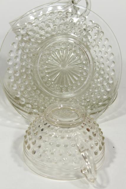 photo of vintage hobnail pattern crystal clear glass cups & saucers set, Anchor Hocking depression glass #10