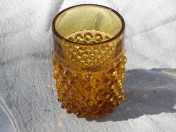 catalog photo of vintage hobnail pattern glass tumbler, heavy old amber glass