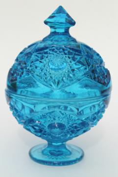 catalog photo of vintage hobstar & fan pattern pressed glass candy dish, beautiful blue glass