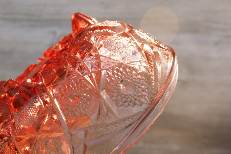 photo of vintage hobstar pattern pressed glass bowl, sunset pink Jeannette glass 60s or 70s #4