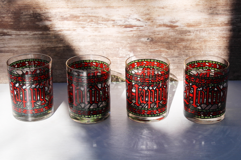 photo of vintage holiday barware, Happy Holidays print double old fashioned big tumblers Christmas red & green #1