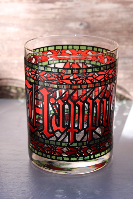 photo of vintage holiday barware, Happy Holidays print double old fashioned big tumblers Christmas red & green #3