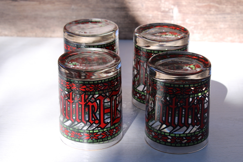 photo of vintage holiday barware, Happy Holidays print double old fashioned big tumblers Christmas red & green #5