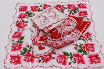 catalog photo of vintage holiday hankies, collection of Valentine's Day valentine hearts handkerchiefs 