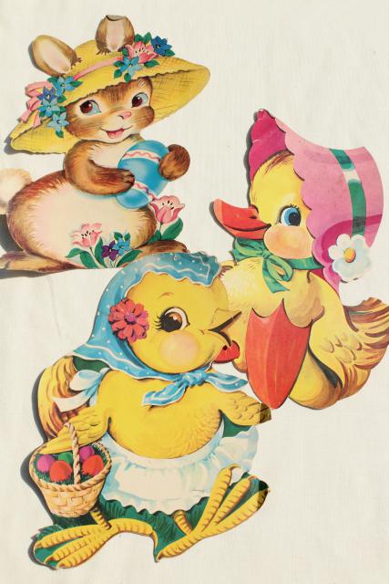 photo of vintage holiday paper die cut decorations, Easter bunny & chicks in hats! #1