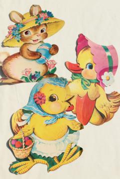 catalog photo of vintage holiday paper die cut decorations, Easter bunny & chicks in hats!