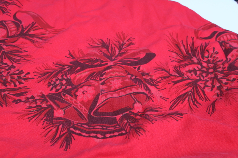 photo of vintage holiday tablecloth, heavy cotton fabric Christmas bells on red, large oval fringed tablecloth  #1