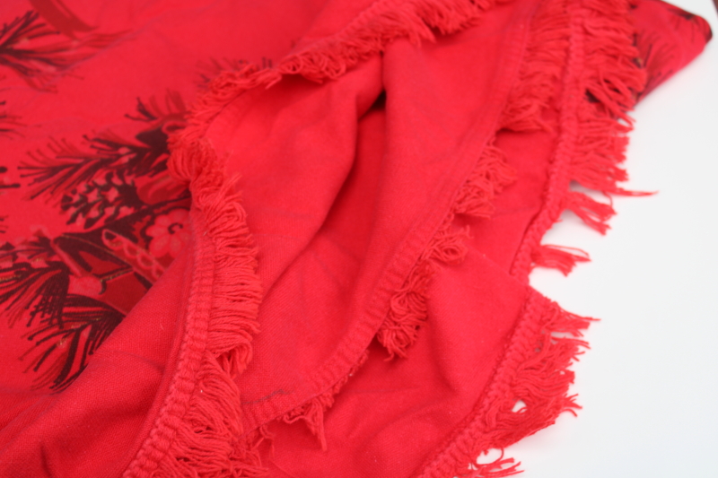 photo of vintage holiday tablecloth, heavy cotton fabric Christmas bells on red, large oval fringed tablecloth #2