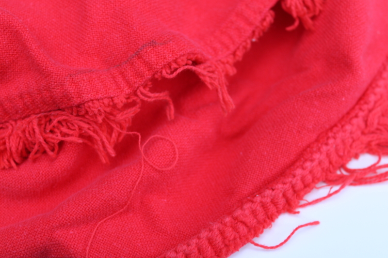 photo of vintage holiday tablecloth, heavy cotton fabric Christmas bells on red, large oval fringed tablecloth #3