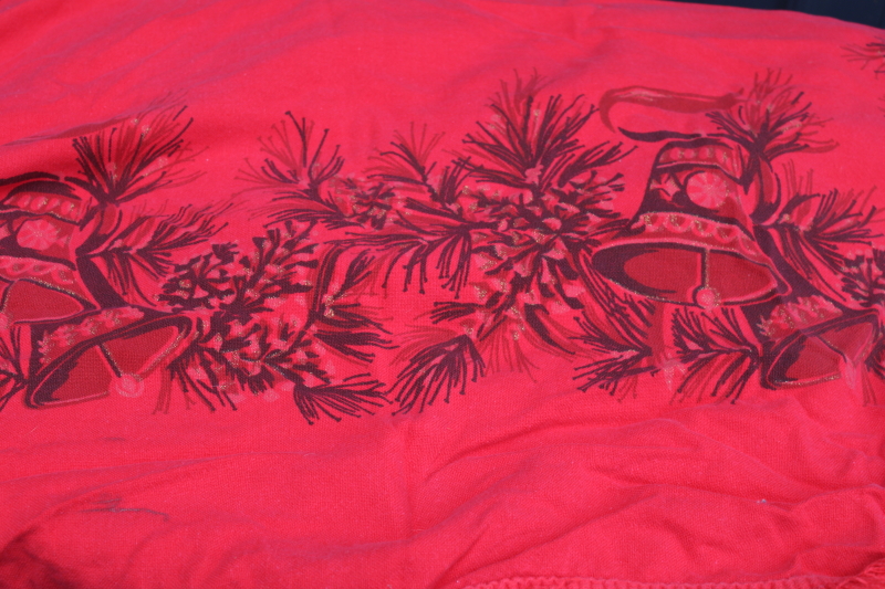 photo of vintage holiday tablecloth, heavy cotton fabric Christmas bells on red, large oval fringed tablecloth #4