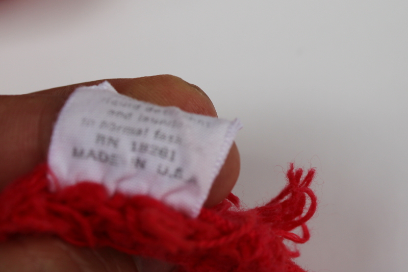 photo of vintage holiday tablecloth, heavy cotton fabric Christmas bells on red, large oval fringed tablecloth #5