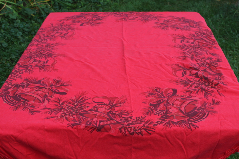 photo of vintage holiday tablecloth, heavy cotton fabric Christmas bells on red, large oval fringed tablecloth #6