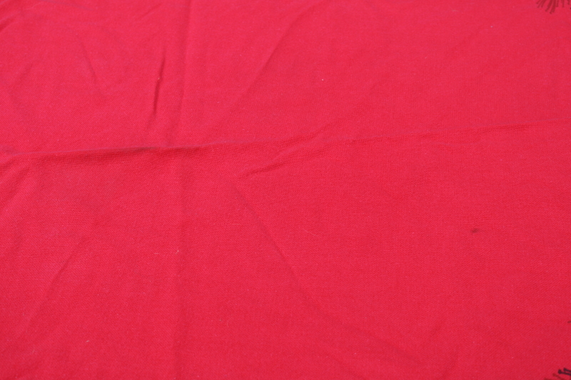 photo of vintage holiday tablecloth, heavy cotton fabric Christmas bells on red, large oval fringed tablecloth #7