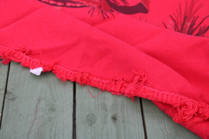 photo of vintage holiday tablecloth, heavy cotton fabric Christmas bells on red, large oval fringed tablecloth #8