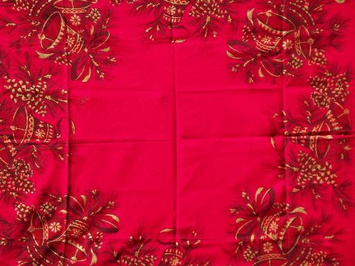 photo of vintage holiday tablecloth, red linen tablecloth w/ gold Christmas bells #1