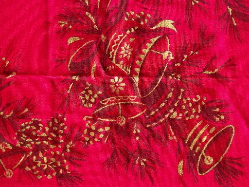 photo of vintage holiday tablecloth, red linen tablecloth w/ gold Christmas bells #2