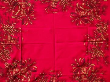 catalog photo of vintage holiday tablecloth, red linen tablecloth w/ gold Christmas bells