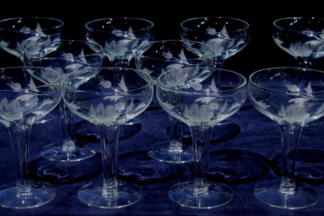 photo of vintage hollow stem champagne glasses, coupe champagnes w/ etched or wheel cut rose pattern #1