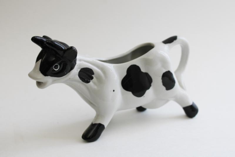 photo of vintage holstein cow creamer, hand painted black & white cow cream pitcher #1