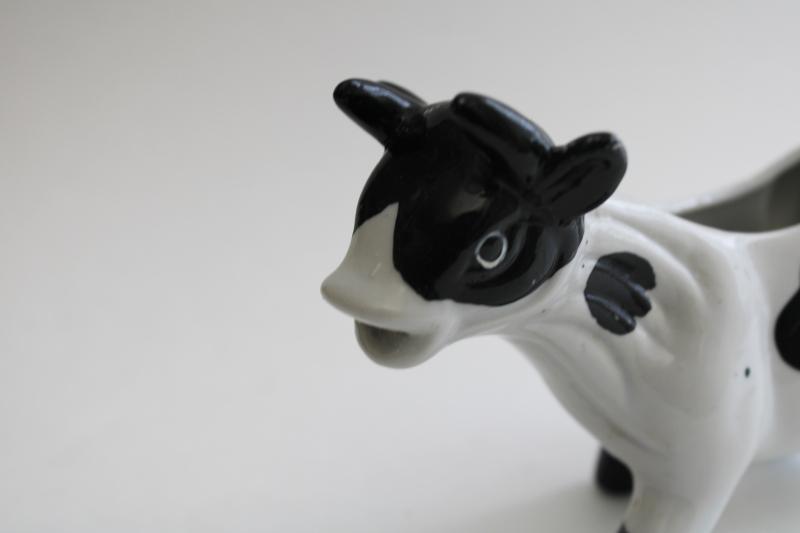 photo of vintage holstein cow creamer, hand painted black & white cow cream pitcher #2