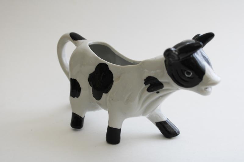 photo of vintage holstein cow creamer, hand painted black & white cow cream pitcher #3