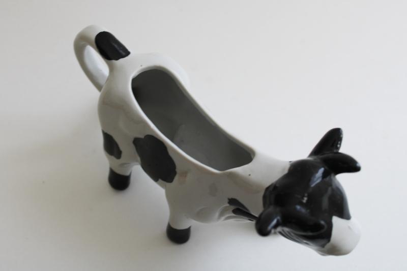 photo of vintage holstein cow creamer, hand painted black & white cow cream pitcher #4