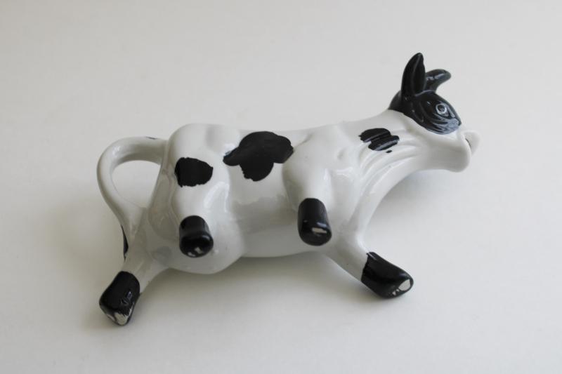 photo of vintage holstein cow creamer, hand painted black & white cow cream pitcher #5