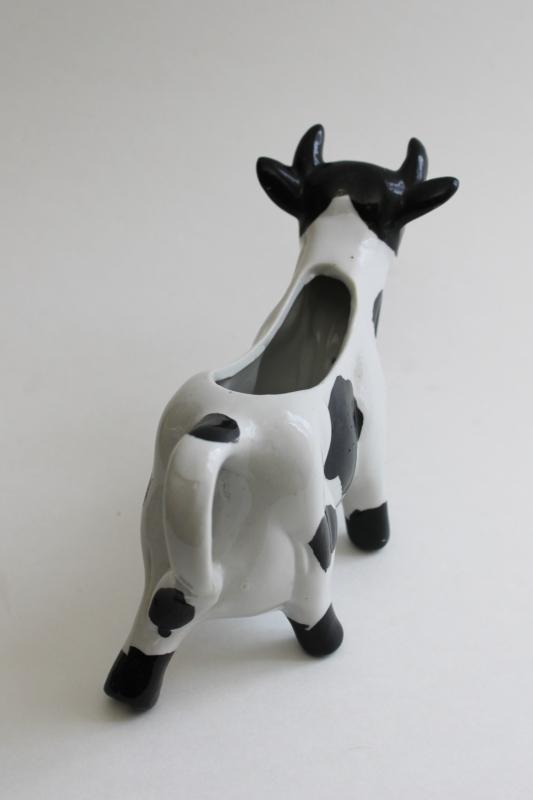 photo of vintage holstein cow creamer, hand painted black & white cow cream pitcher #6