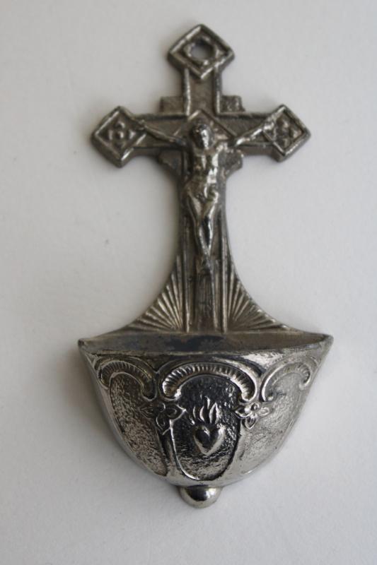 photo of vintage holy water font, small cast metal wall mount crucifix, ornate cross #1