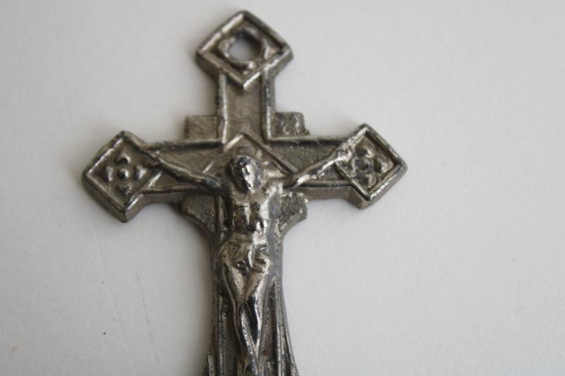 photo of vintage holy water font, small cast metal wall mount crucifix, ornate cross #3