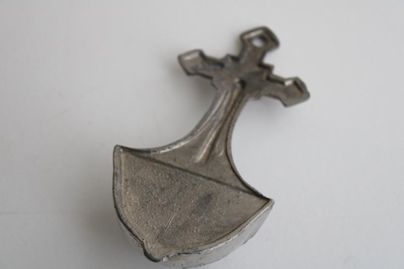 photo of vintage holy water font, small cast metal wall mount crucifix, ornate cross #4