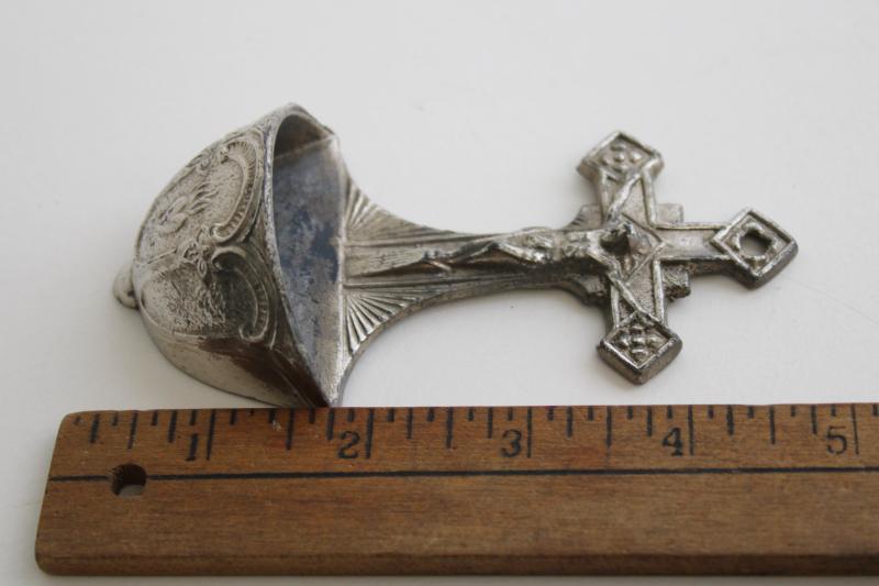 photo of vintage holy water font, small cast metal wall mount crucifix, ornate cross #5