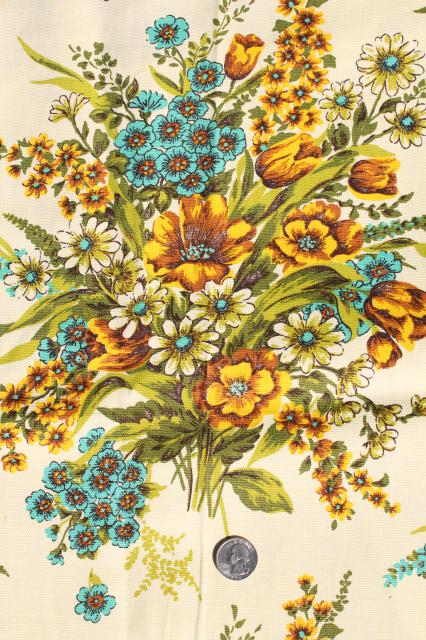 photo of vintage home decor fabric, floral bouquets in golden yellow shades w/ aqua #1