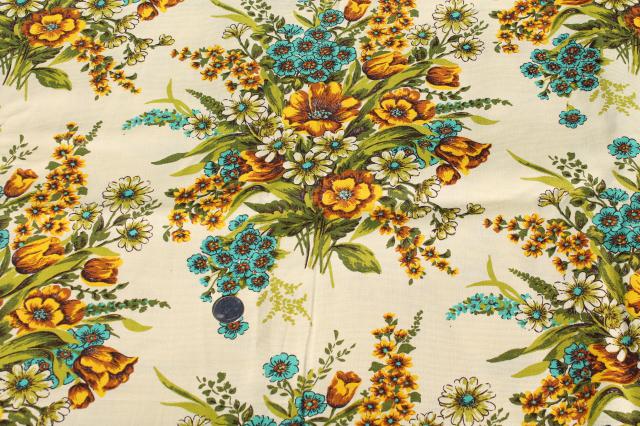 photo of vintage home decor fabric, floral bouquets in golden yellow shades w/ aqua #2