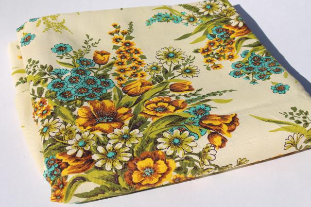 photo of vintage home decor fabric, floral bouquets in golden yellow shades w/ aqua #3