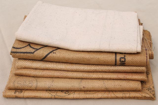 photo of vintage hooked rug canvas lot, printed pattern burlap & cotton backing fabric for rugs #1