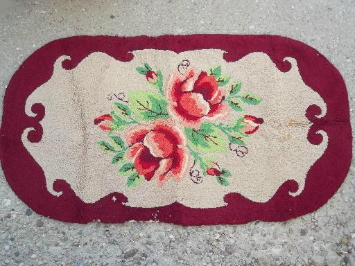 photo of vintage hooked wool rug w/ red & pink roses, handmade hooked rug #1