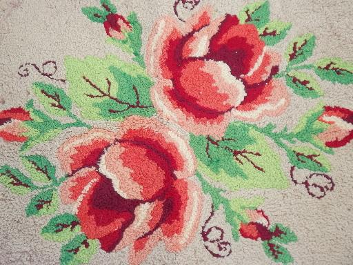 photo of vintage hooked wool rug w/ red & pink roses, handmade hooked rug #2