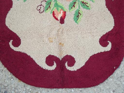 photo of vintage hooked wool rug w/ red & pink roses, handmade hooked rug #3