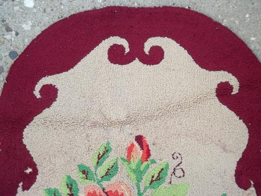 photo of vintage hooked wool rug w/ red & pink roses, handmade hooked rug #4