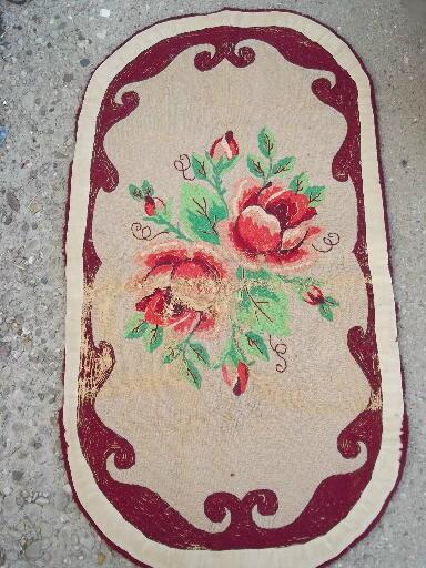 photo of vintage hooked wool rug w/ red & pink roses, handmade hooked rug #5