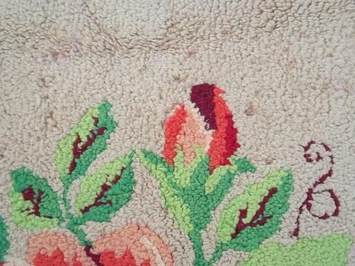 photo of vintage hooked wool rug w/ red & pink roses, handmade hooked rug #7