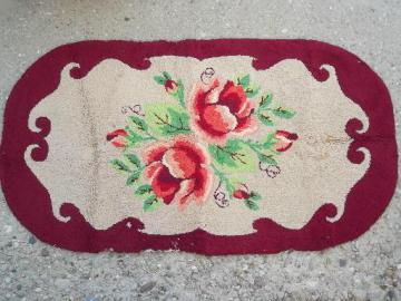 catalog photo of vintage hooked wool rug w/ red & pink roses, handmade hooked rug